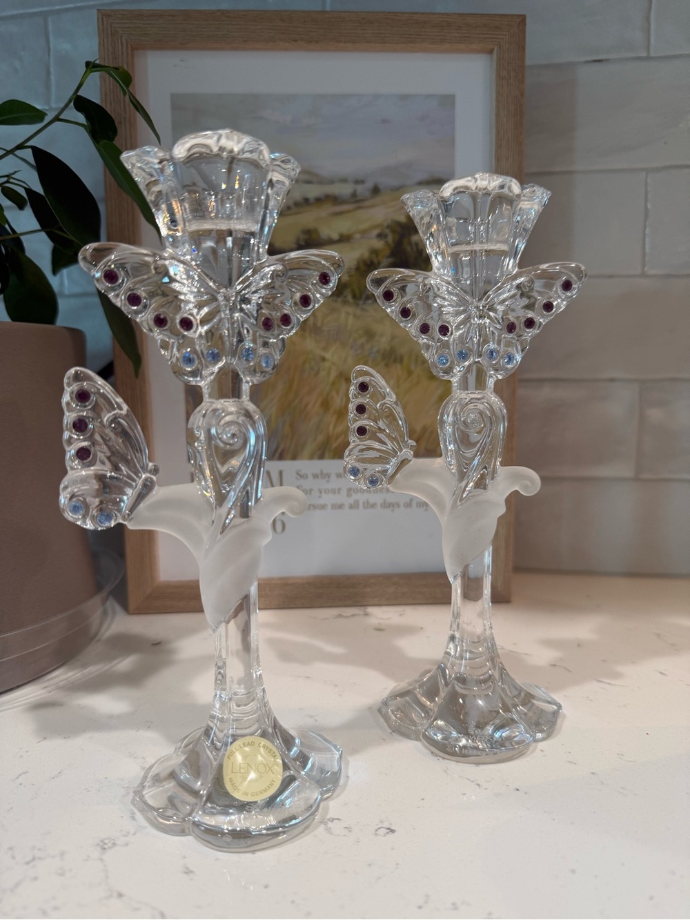 Vintage Lenox Crystal Butterfly Candlestick Holders with Colored Gems